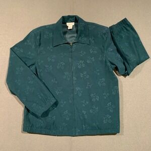 VTG 80s Alfred Dunner Dark Teal Floral Jacquard Zip Front Jacket Women's Size 12